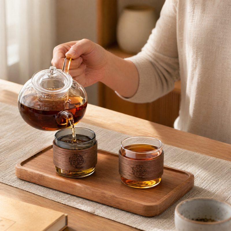 Tasse à thé en verre avec manchon en bois de noyer — Mug à café en borosilicate résistant à la chaleur