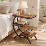 C-Shaped End Table with 3-Tier Shelves – Industrial Wood and Metal Sofa Side Table