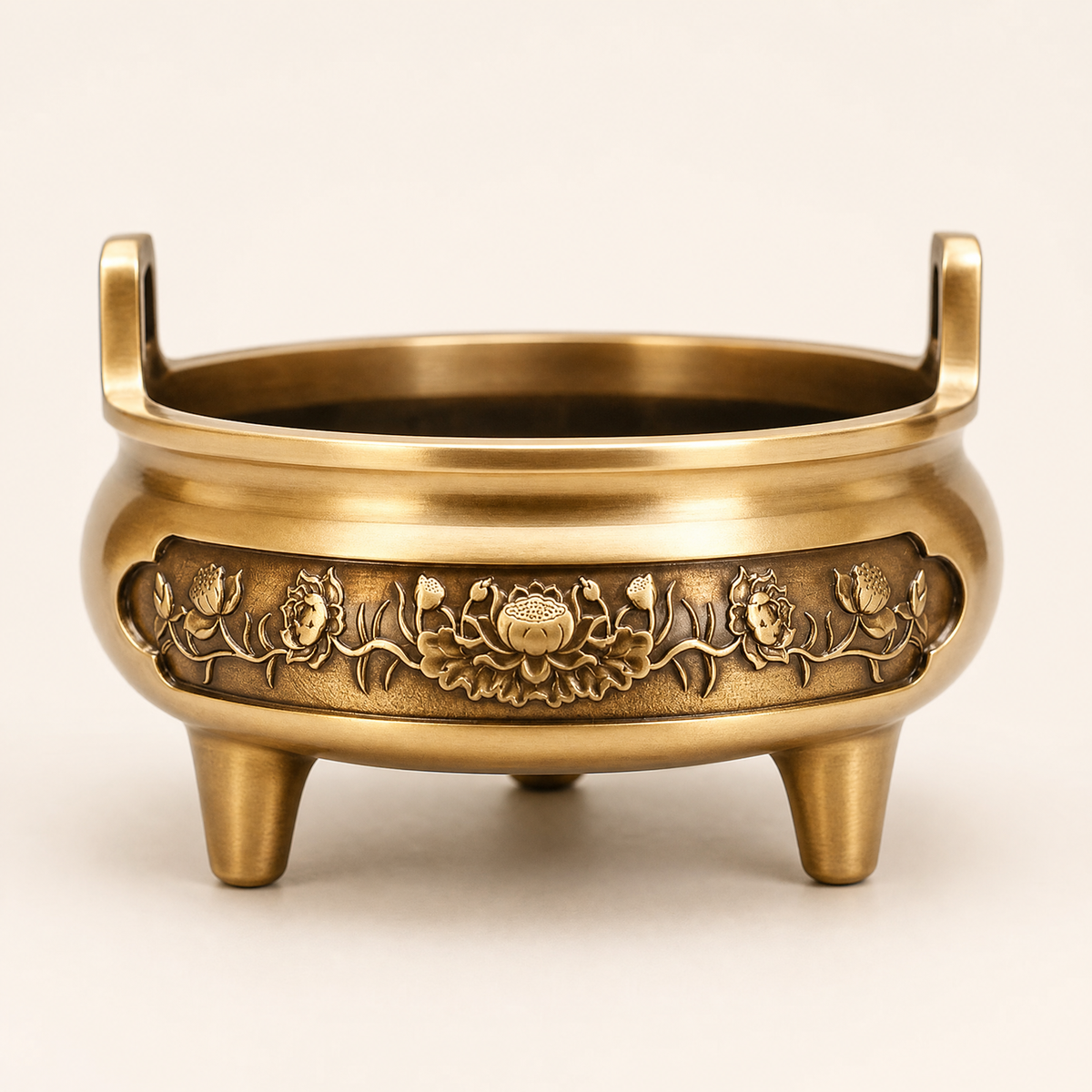 Large Copper Incense Burner – Lotus Relief, Triple Foot, Home Altar Meditation Decor