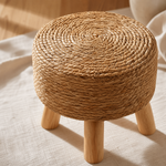 Round Rattan Footstool – Woven Grass Seat Wood Legs Boho Living Room Ottoman
