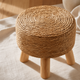Round Rattan Footstool – Woven Grass Seat Wood Legs Boho Living Room Ottoman