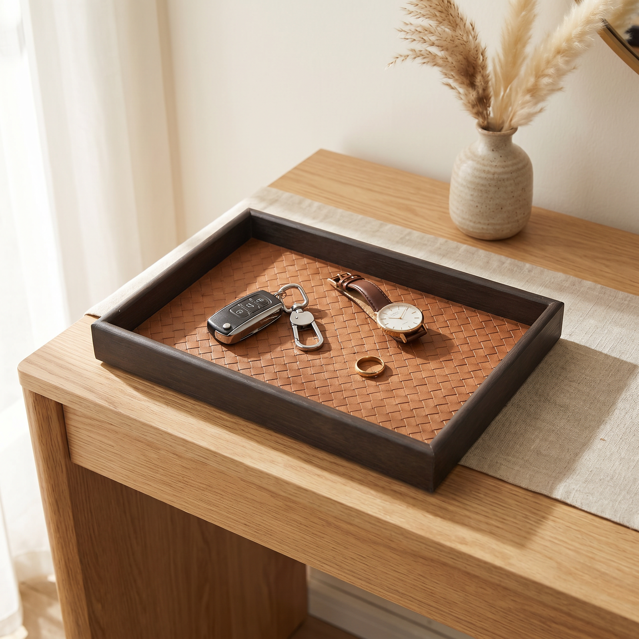 Decorative Storage Tray Woven PU Leather – Desk Vanity Jewelry Organizer Home Decor