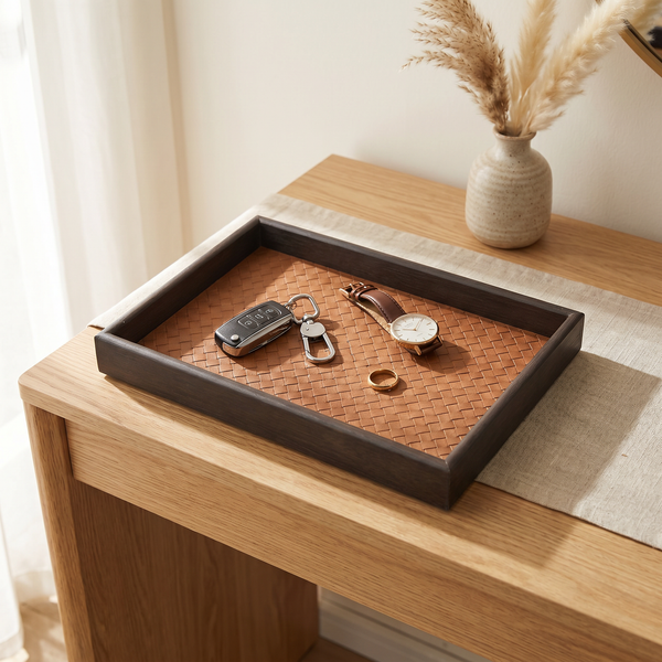 Decorative Storage Tray Woven PU Leather – Desk Vanity Jewelry Organizer Home Decor