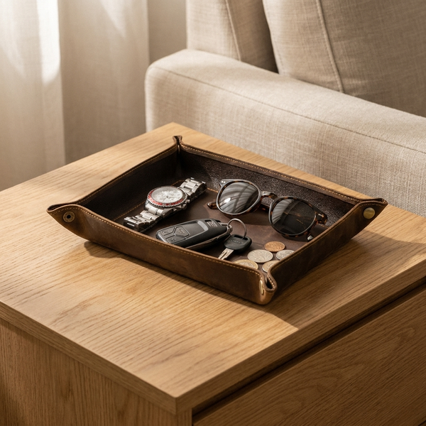 Genuine Leather Valet Tray – Foldable Catchall for Keys Coins Watch Desk Organizer