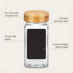 Glass Spice Jar Set with Wooden Bamboo & Rosewood Lids – 120ml with Labels, Kitchen Organisation