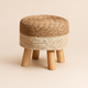 Round Rattan Footstool – Woven Grass Seat Wood Legs Boho Living Room Ottoman