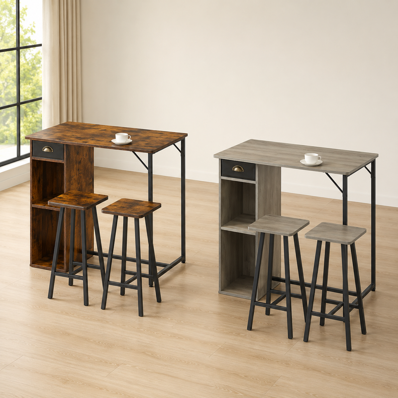 3-Piece Bar Table Set with Storage – Small Space Dining, Industrial Kitchen Breakfast Nook with 2 Stools