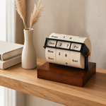 Rotating Perpetual Desk Calendar – Manual Roll Wheel Date Display, Wood Base
