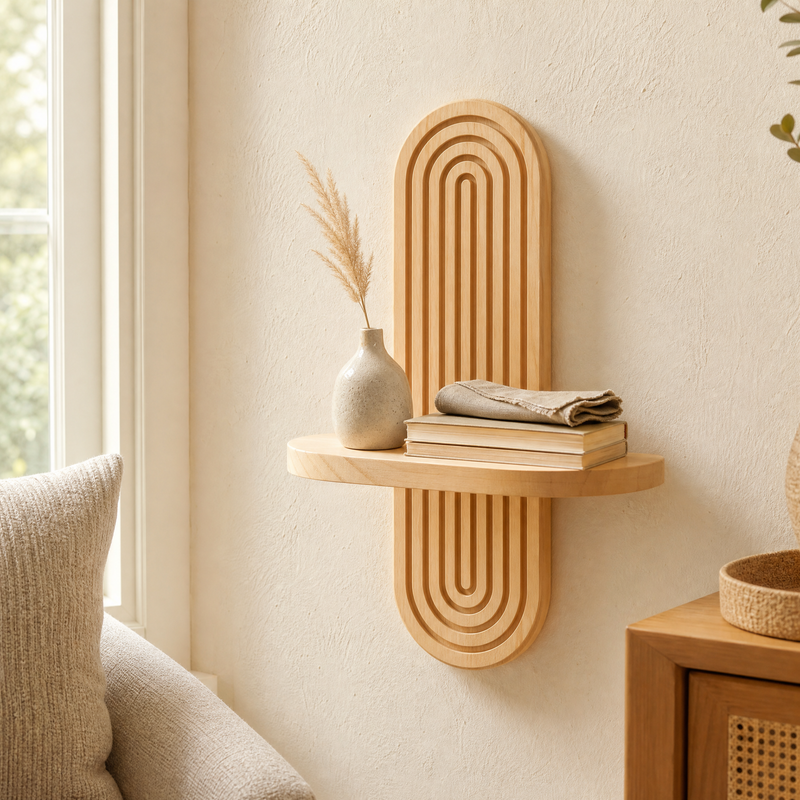 Wooden Arch Wall Shelf – Geometric Floating Shelf, Natural Wood, Modern Home Decor