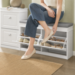 Shoe Storage Bench with Cushion – 2 Flip Drawers Entryway Seat White Hallway