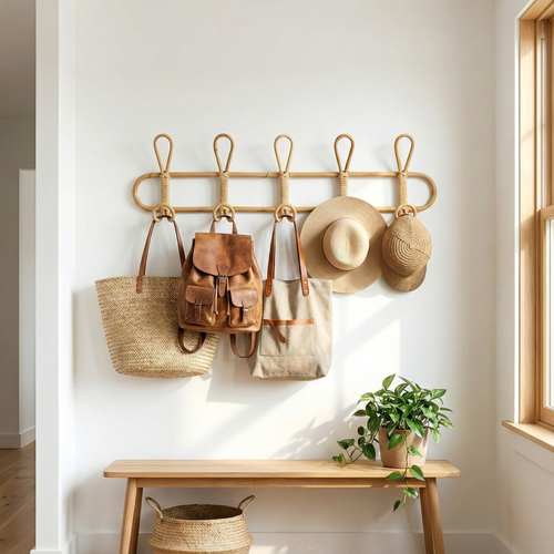 Rattan Wall Hook Rack – Handwoven Natural Storage for Coats, Hats, Bags – Entryway Bedroom Bathroom