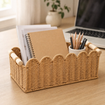 Woven Storage Basket with Wood Handles – Scallop Edge Organizer for Bathroom Desk