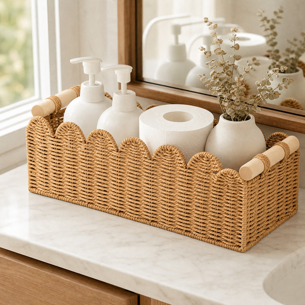 Woven Storage Basket with Wood Handles – Scallop Edge Organizer for Bathroom Desk