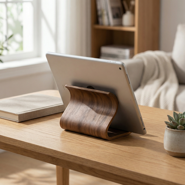 Wooden Phone and Tablet Stand – Curved Holder, Minimal Modern Desk Accessory