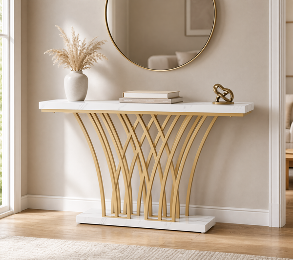 Modern Entryway Console Table – Gold Metal Base, Faux Marble Top, Hallway Sofa Table