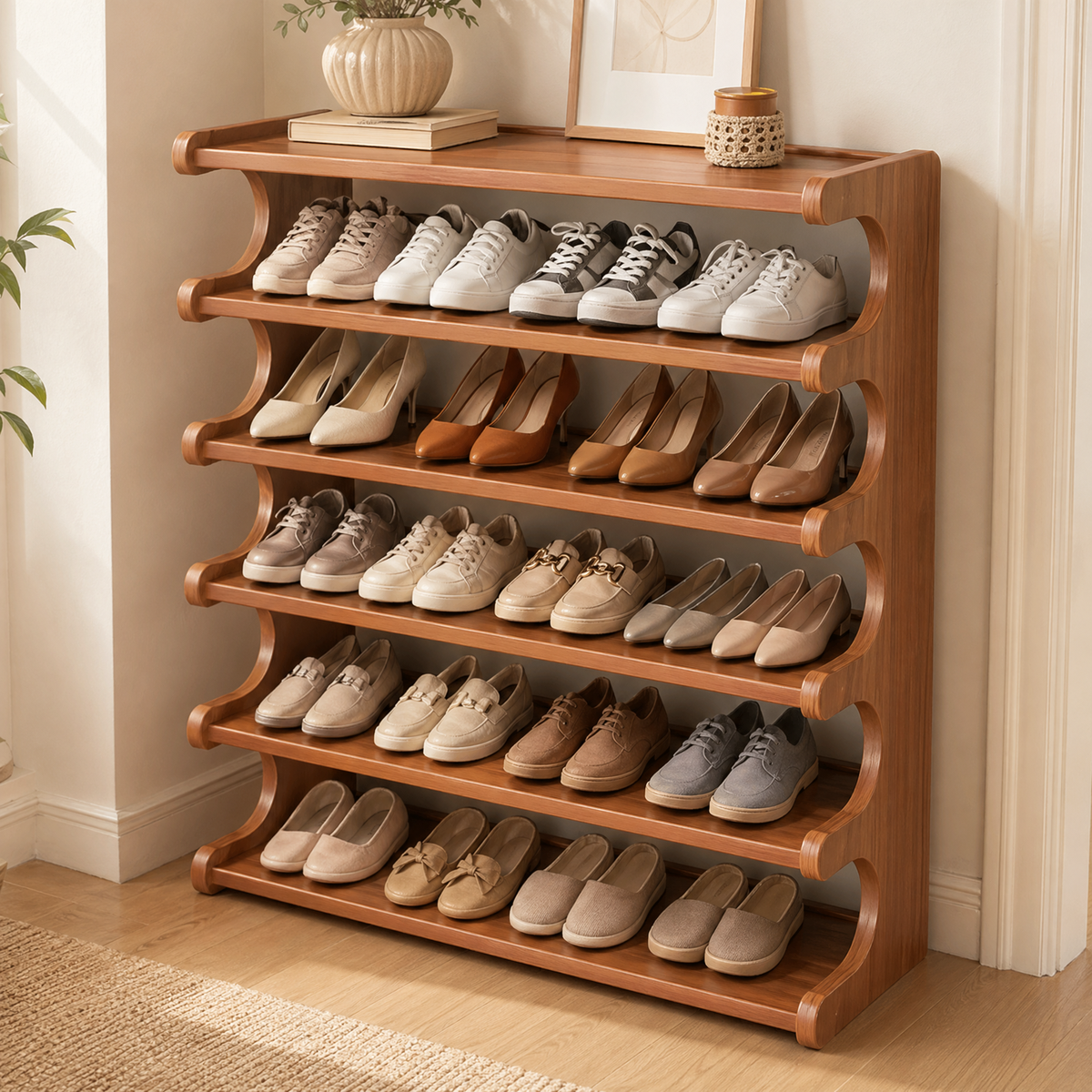 6 Tier Wooden Shoe Rack – Bamboo Entryway Organizer Shelf Space Saving Storage