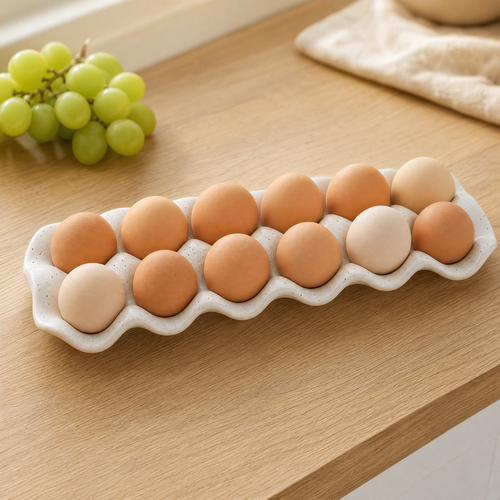 Premium Ceramic Egg Tray – Speckled White Holder for Kitchen Counter or Fridge Storage