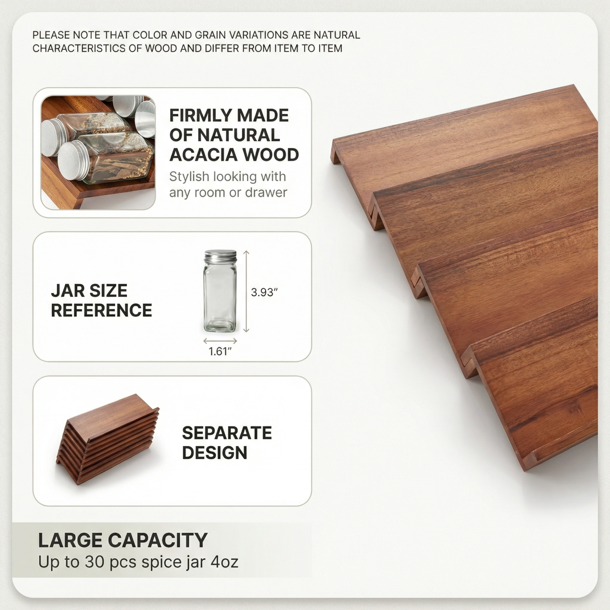 4 Tier Spice Rack Organizer for Drawer – Natural Acacia Wood Cabinet Storage Tray
