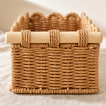 Woven Storage Basket with Wood Handles – Scallop Edge Organizer for Bathroom Desk