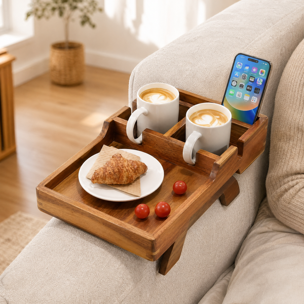 Wood Sofa Armrest Tray Table – Cup Holder Remote Organizer Couch Side Caddy