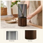 Glass Cylinder Vase with Wood Base – Smoky Glass Flower Vase for Modern Home Decor