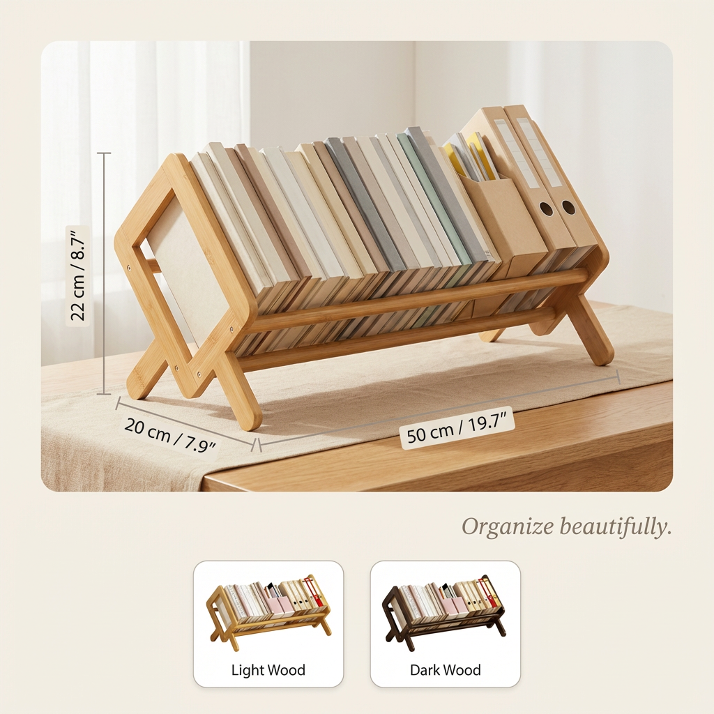 Bamboo Desktop Bookshelf – Desk Book Organizer, Small Bookcase, Home Office Storage