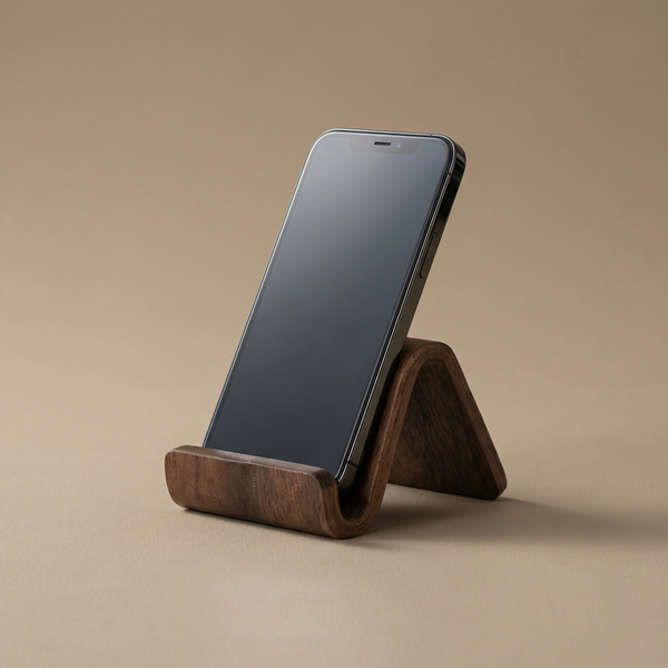 Walnut Wood Phone Stand – Curved Minimalist Design for Desk, Bedside, Kitchen, Video Calls