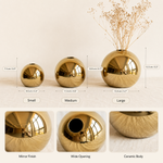 Gold Ceramic Ball Vase – Glossy Sphere Flower Pot for Modern Home Decor and Shelves