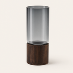Glass Cylinder Vase with Wood Base – Smoky Glass Flower Vase for Modern Home Decor
