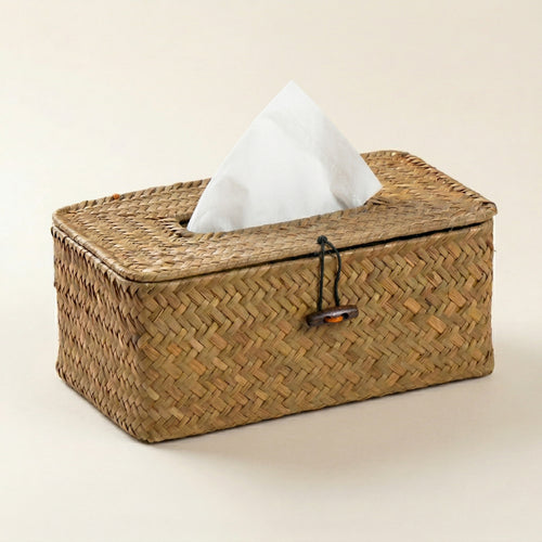Rectangular Rattan Tissue Box Cover – Handwoven Straw Holder for Bathroom, Bedroom, Office Decor