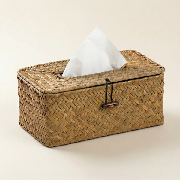 Rectangular Rattan Tissue Box Cover – Handwoven Straw Holder for Bathroom, Bedroom, Office Decor