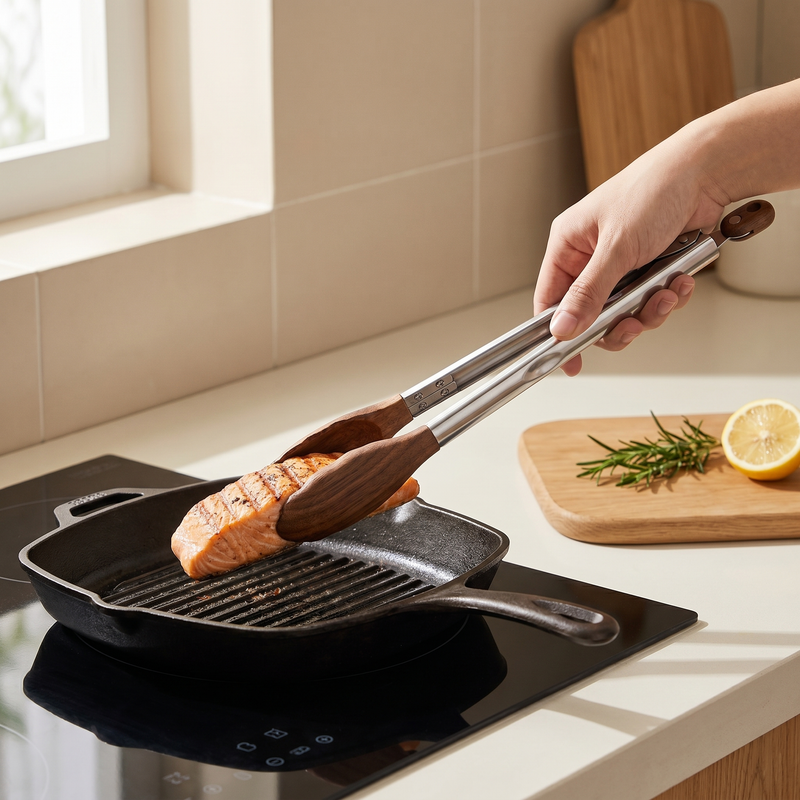 Pinces de cuisine en bois — Pinces de barbecue verrouillables en acier inoxydable avec manche en bois pour griller et servir des salades