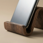 Walnut Wood Phone Stand – Curved Minimalist Design for Desk, Bedside, Kitchen, Video Calls