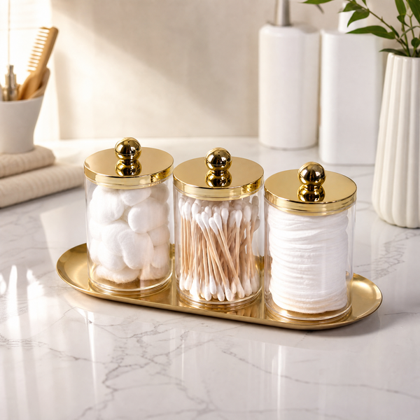 Apothecary Jar Set with Gold Tray – Qtip Holder Bathroom Organizer Canister