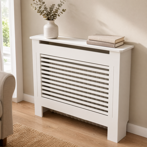 Modern Radiator Cover with Shelf – White Slatted MDF Heater Cabinet Living Room Decor