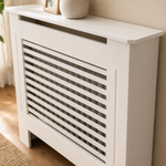 Modern Radiator Cover with Shelf – White Slatted MDF Heater Cabinet Living Room Decor