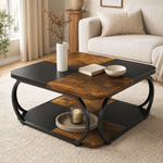 Large Square Coffee Table 2 Tier Storage – Wood Panel Top Curved Metal Frame