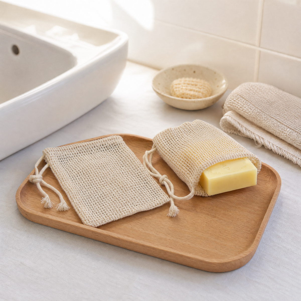Cotton Soap Saver Bag – Set of 3 Mesh Drawstring Pouch for Lather Exfoliation Shower Bath