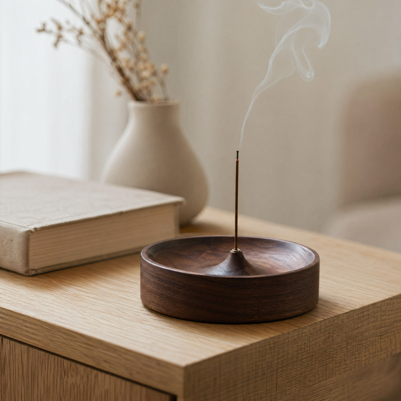 Solid Wood Incense Holder – Round Ash Catcher Tray for Sticks, Zen Home Decor