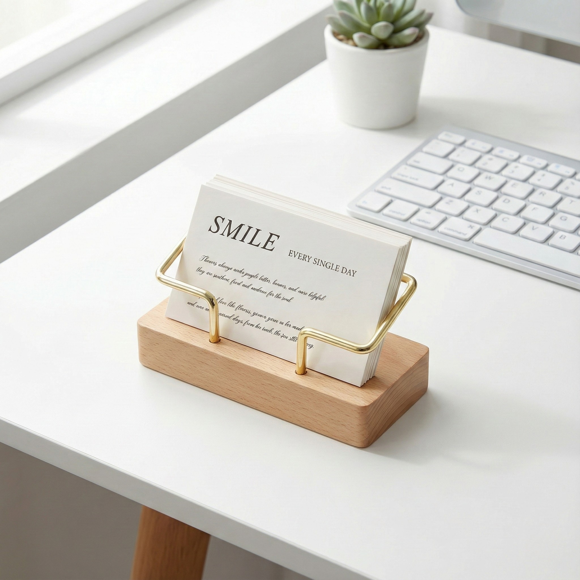 Business Card Holder – Wood and Metal Stand for Office Desk, Name Cards, Affirmation Display