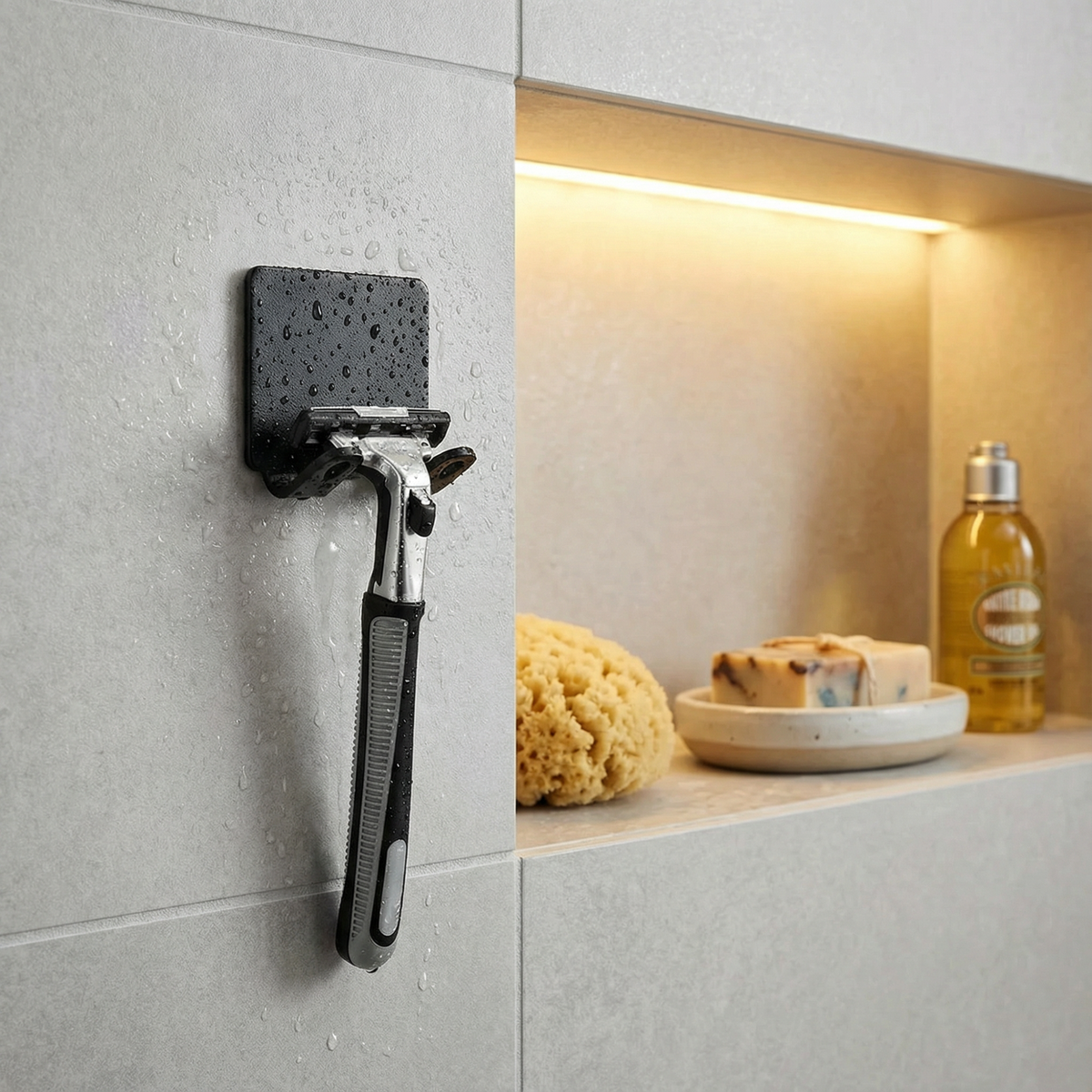 Adhesive Razor Hook – No Drill Shower Razor Holder, Rust Resistant Bathroom Organizer