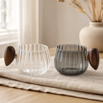 Ribbed Glass Coffee Mug with Wooden Handle – Heat Resistant, 200ml, Clear or Gray
