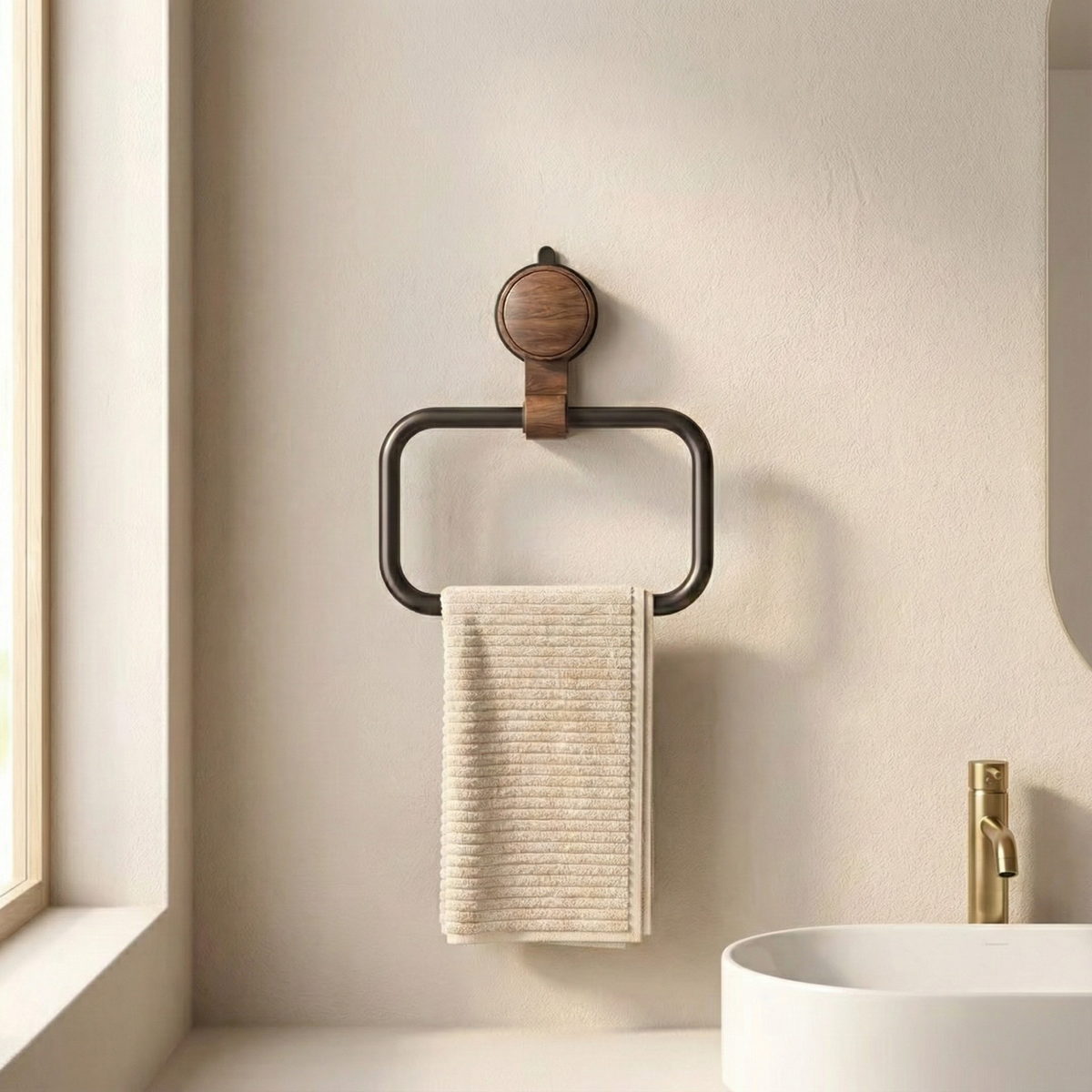 Walnut Towel Ring – No Drill Suction Mount, Rotating Wall Towel Holder for Bathroom & Kitchen