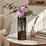 Glass Cylinder Vase with Wood Base – Smoky Glass Flower Vase for Modern Home Decor