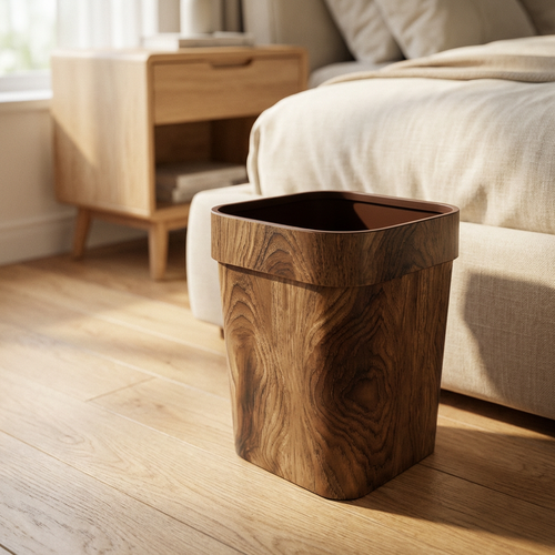 Square Wood Grain Waste Bin – 12L Open Top Trash Can for Bathroom Bedroom Office