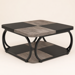 Large Square Coffee Table 2 Tier Storage – Wood Panel Top Curved Metal Frame