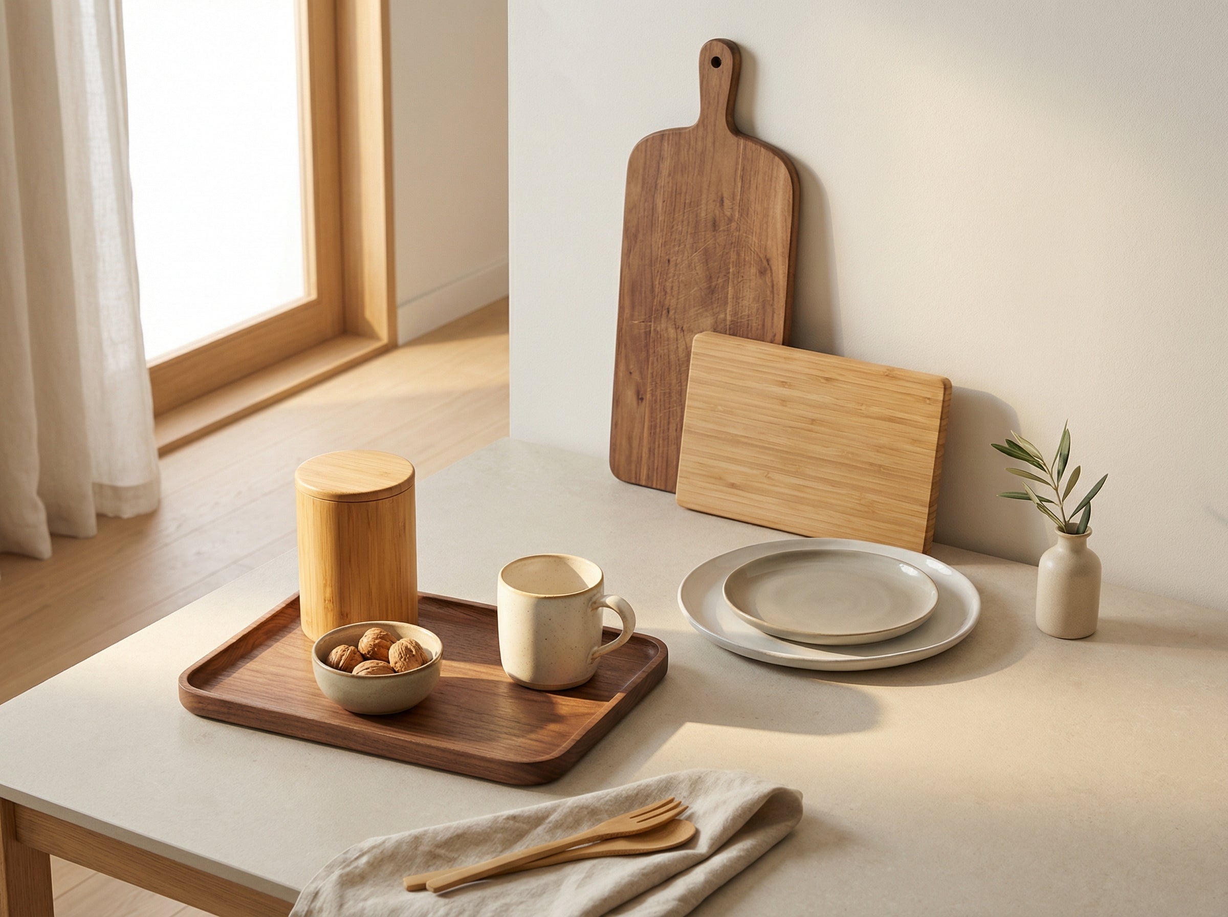 Natural materials — bamboo, wood, ceramic